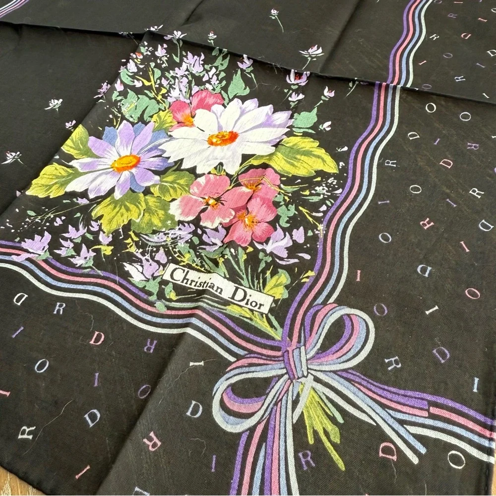 Christian Dior Floral Black Cotton Scarf 18”
